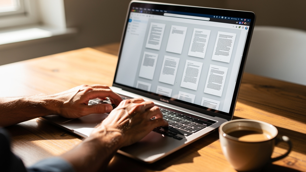 Person selecting PDF pages on a laptop browser interface