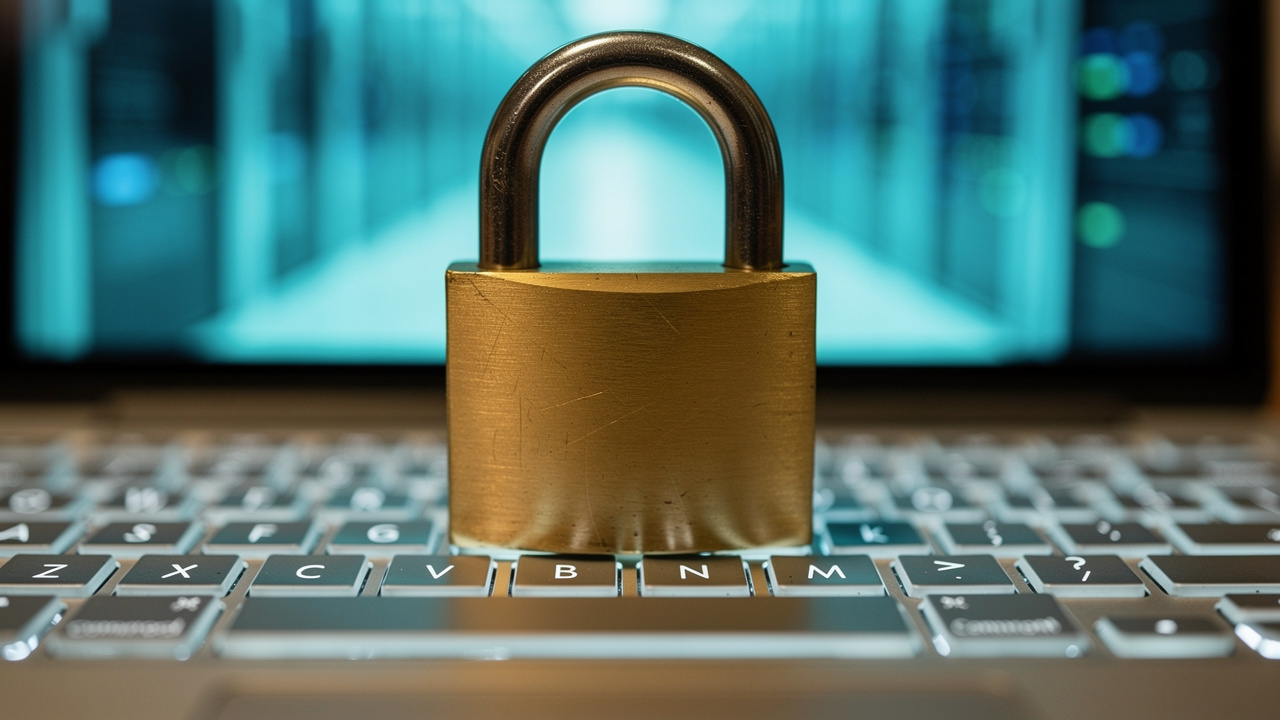 Brass padlock on laptop keyboard representing secure file processing