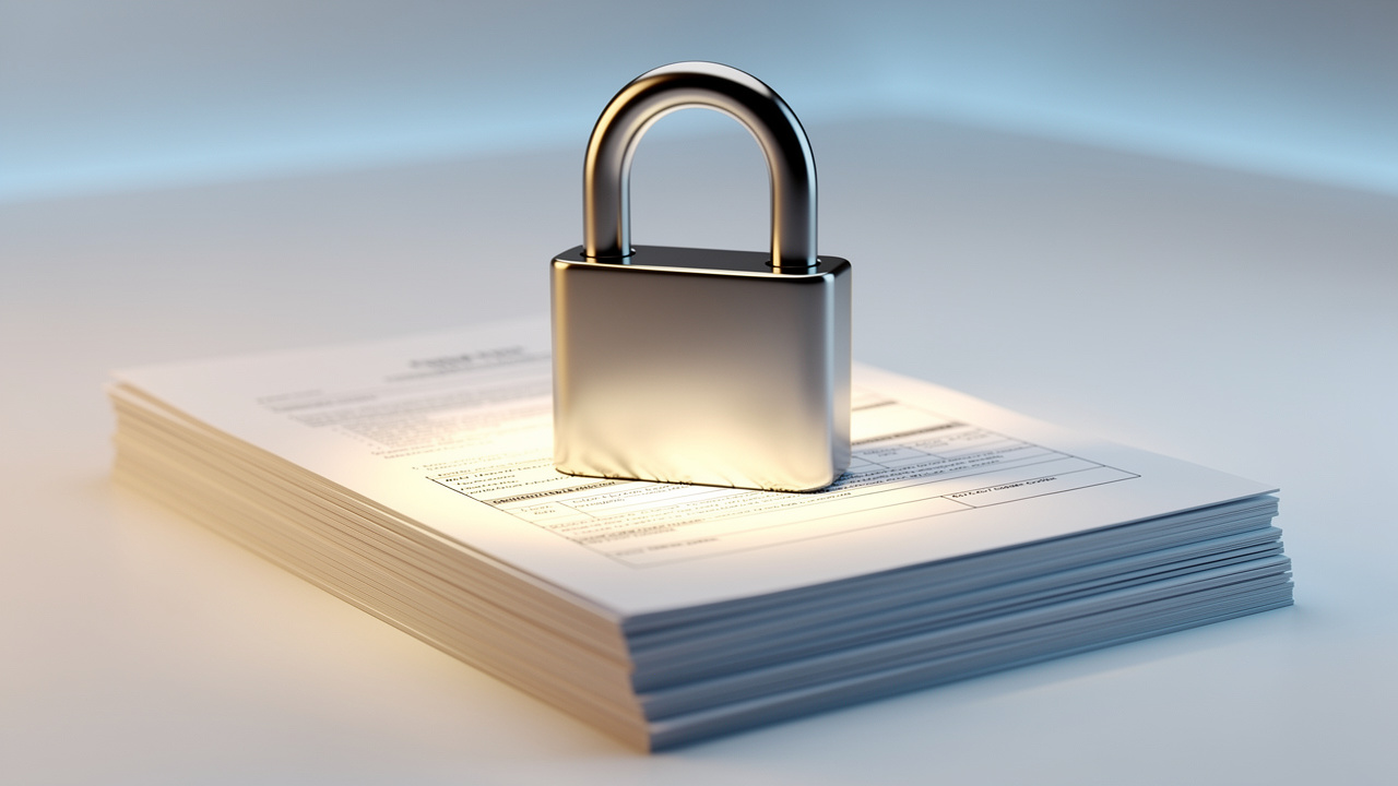 Metallic padlock on stack of documents representing security