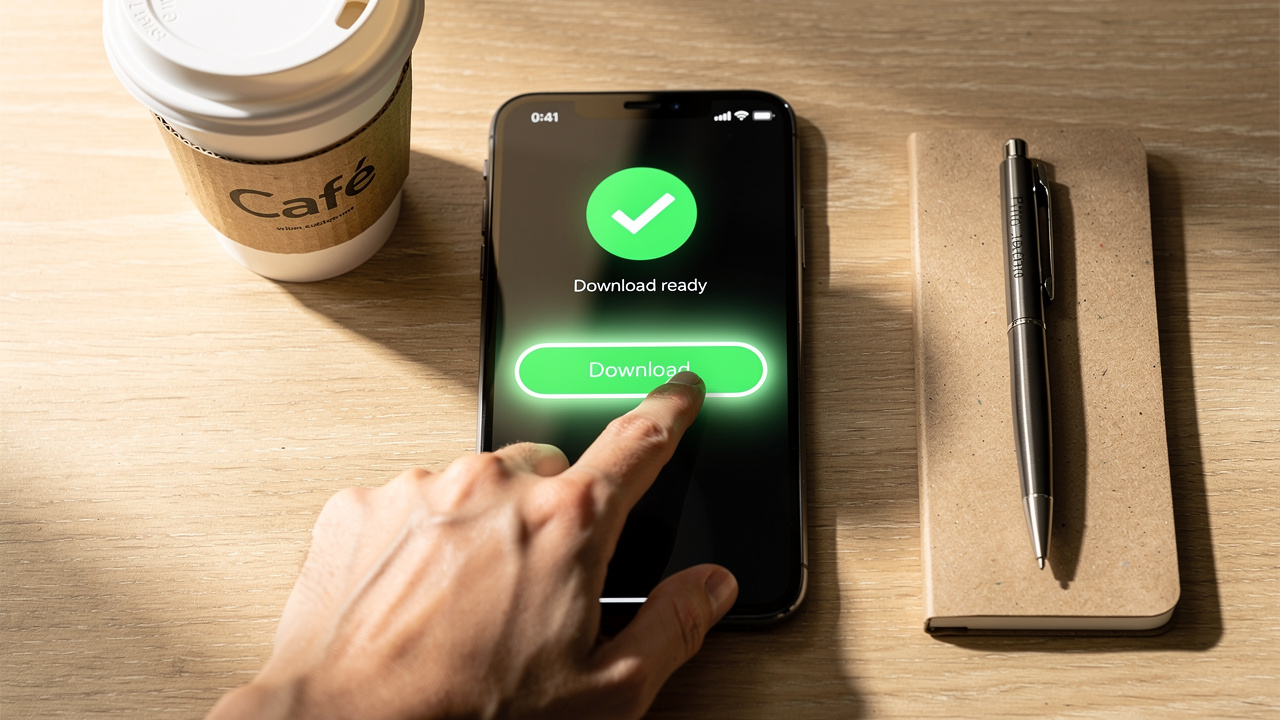 Hand tapping download button on smartphone after PDF conversion