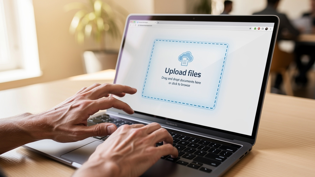 Hands dragging a document file into browser upload area