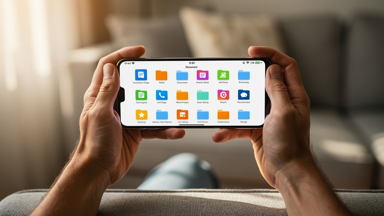 Hands holding smartphone with PDF document management app