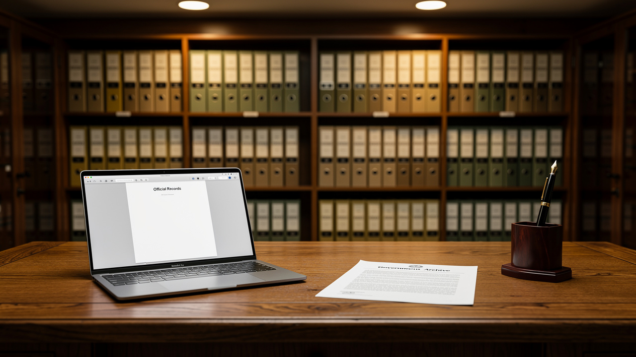 Government archive room with organized document storage shelves