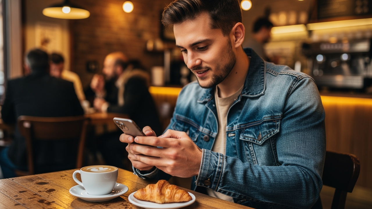 Young man editing PDF documents on a smartphone in a cafe