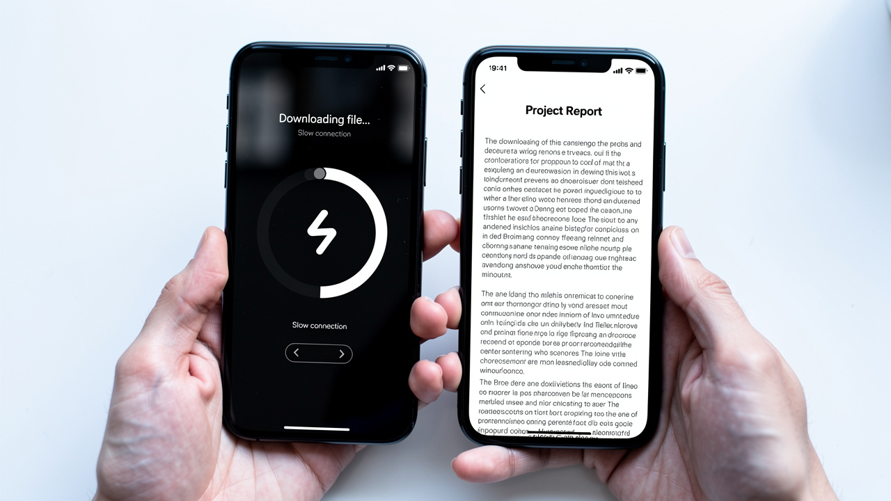 Two smartphones comparing slow and fast PDF loading speeds