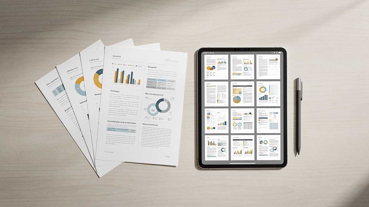 Tablet displaying PDF page thumbnail grid for preview and selection