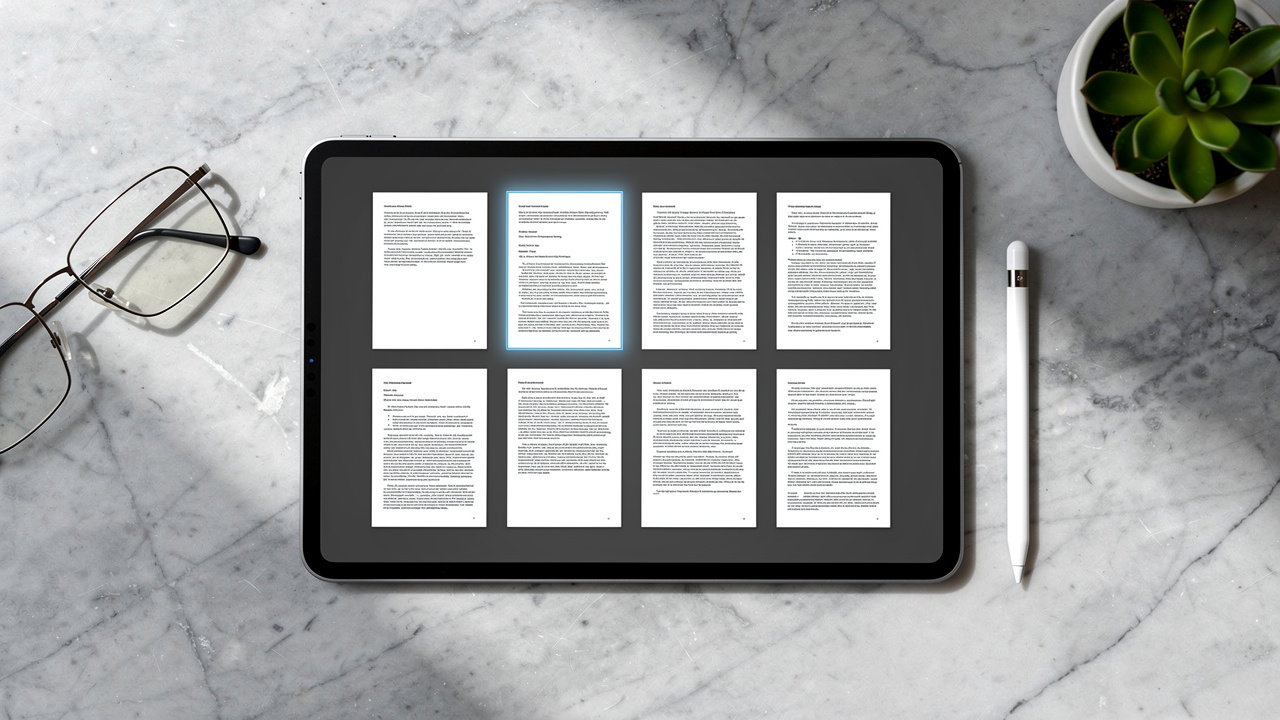 Tablet screen showing PDF page thumbnails for selection