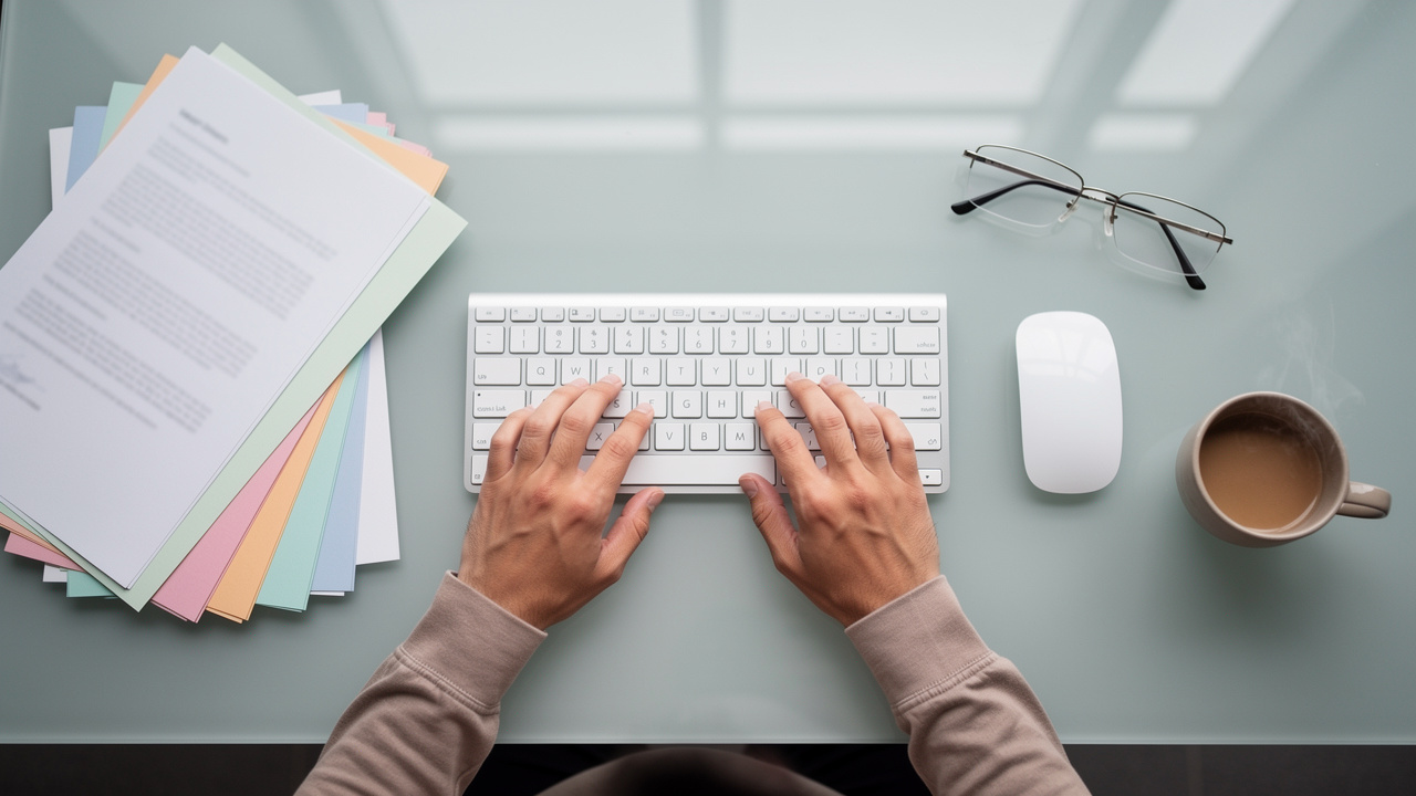 Stacked PDF documents and folders on a modern desk