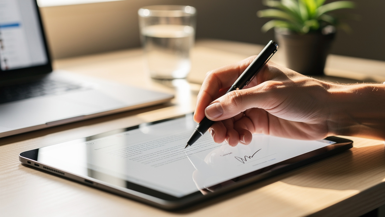 Person signing a PDF document on a tablet with a stylus