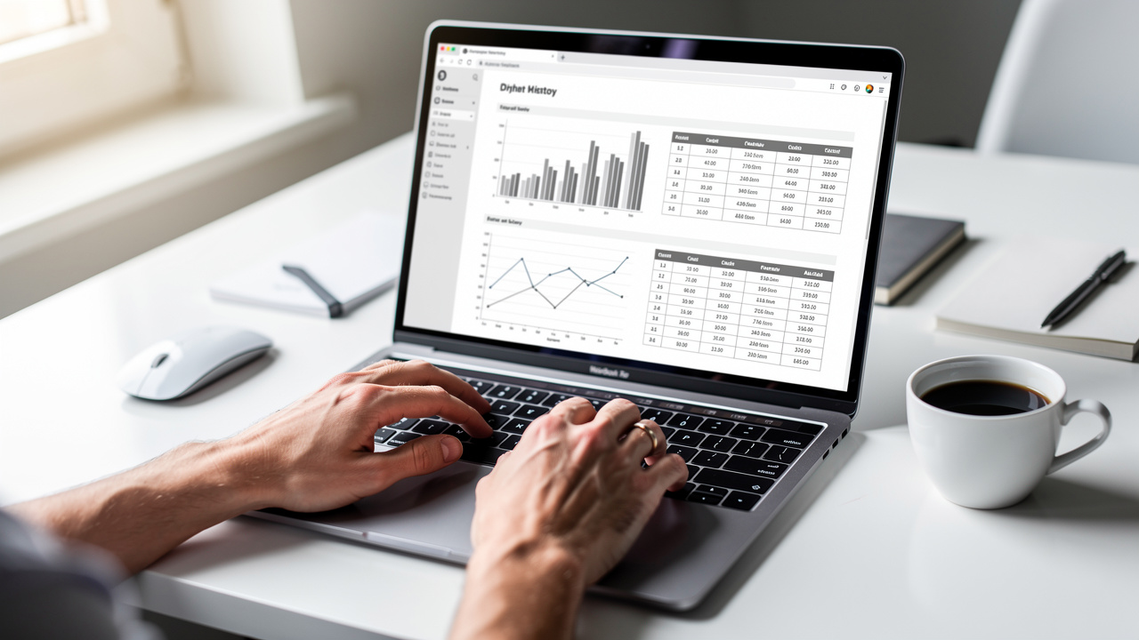 Professional working on archival PDF document at laptop