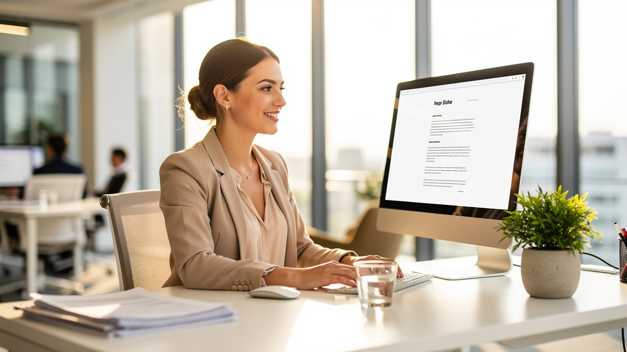 Professional woman efficiently managing PDF documents at her desk