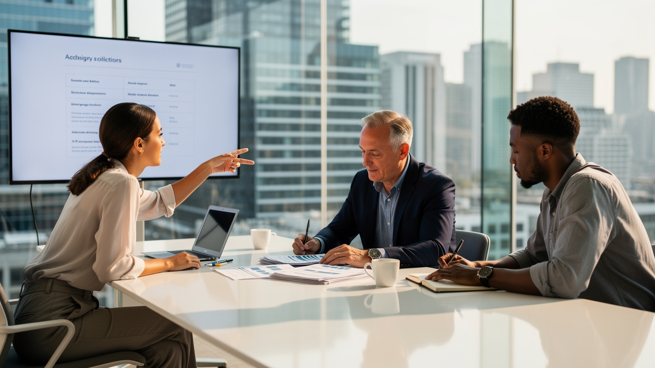 Professionals reviewing archival PDF documents in a meeting