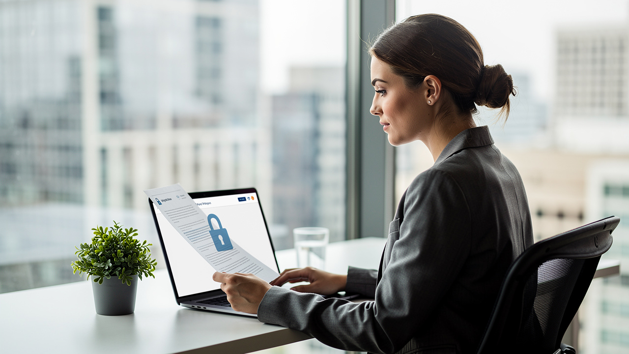 Woman reviewing secure PDF documents at office desk