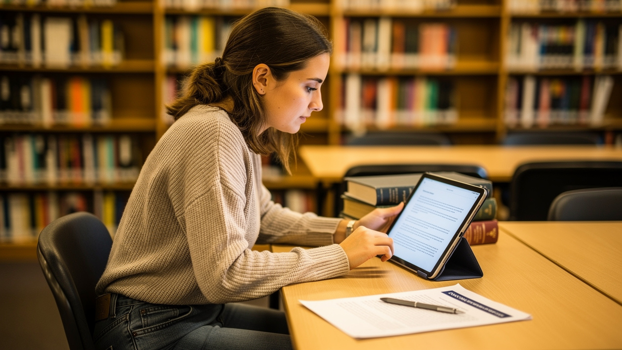 Student using browser-based PDF converter on tablet in library