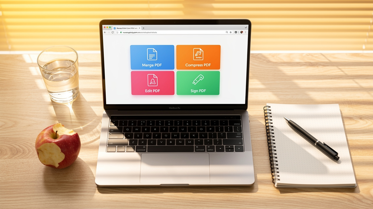 Laptop showing free PDF tool suite in browser window