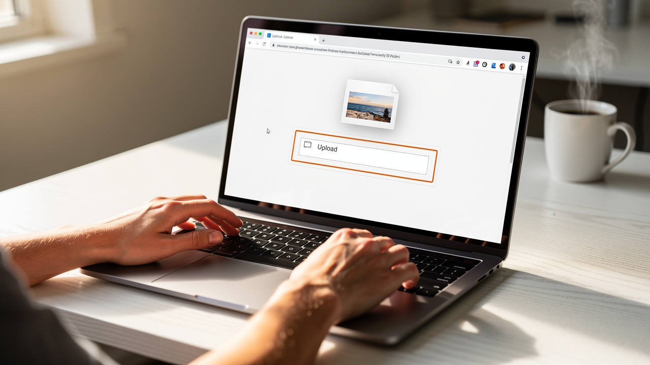 Person uploading a JPG file in a browser on a laptop