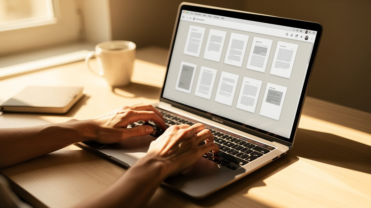 Person uploading a PDF file in a browser on a laptop