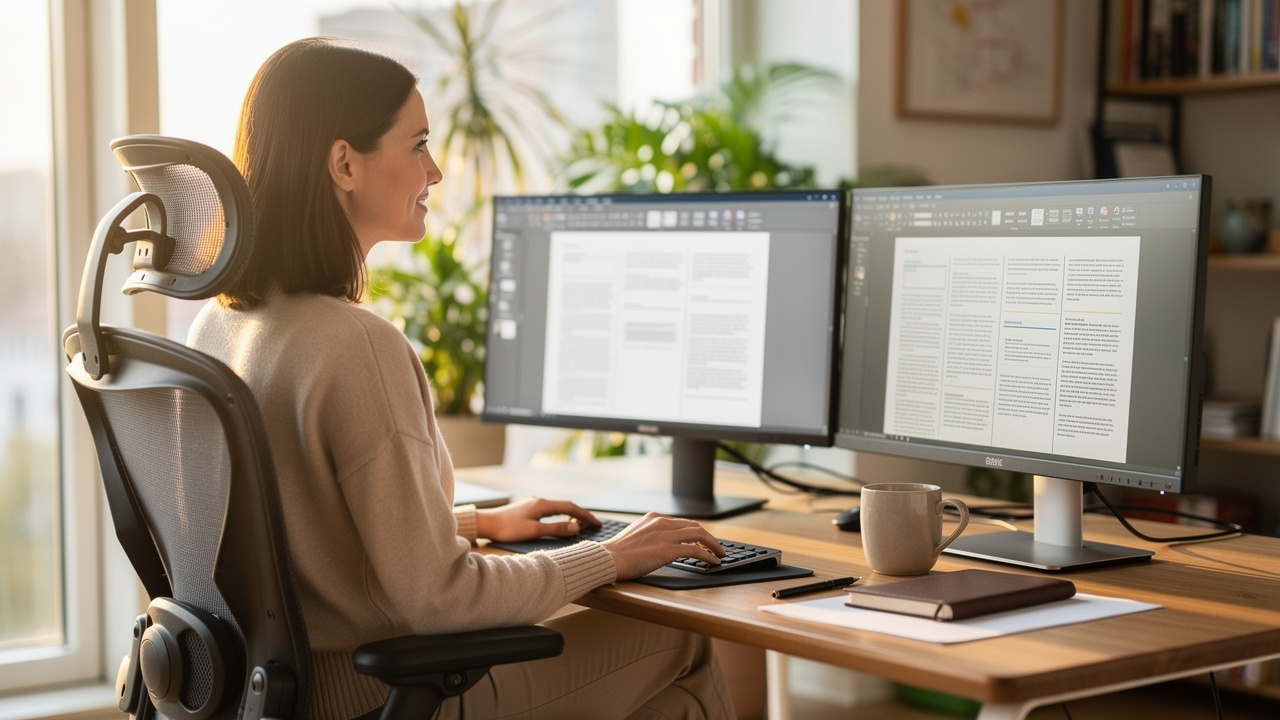 Woman comparing PDF and Word documents on dual monitors