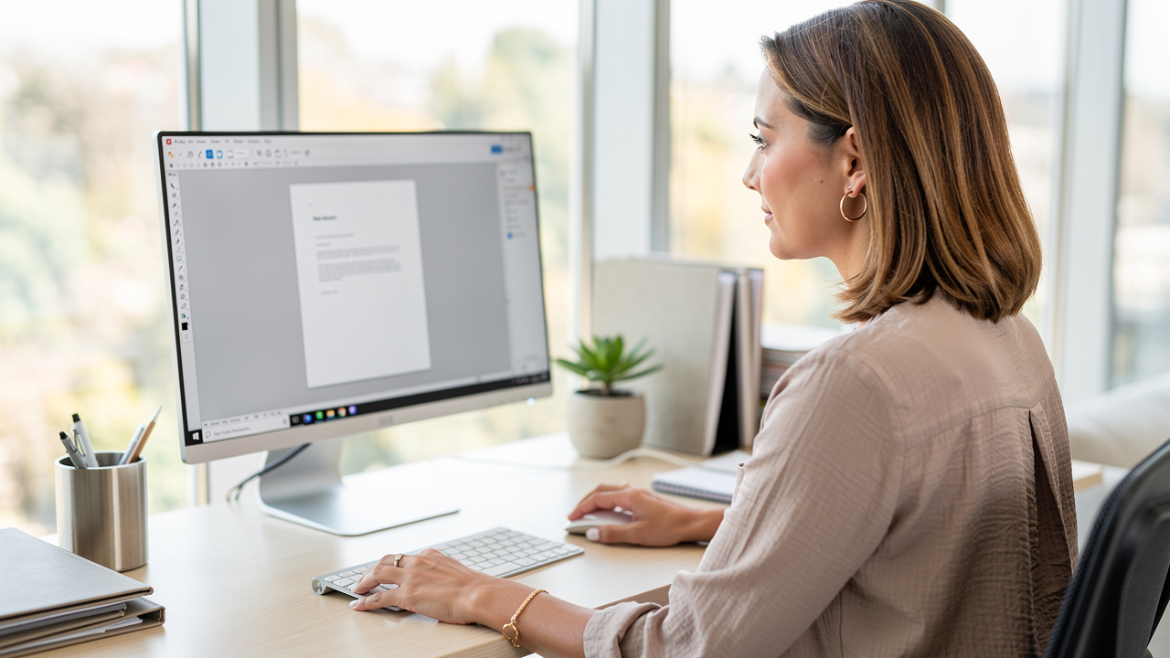 Professional woman preparing a PDF document in a browser tool
