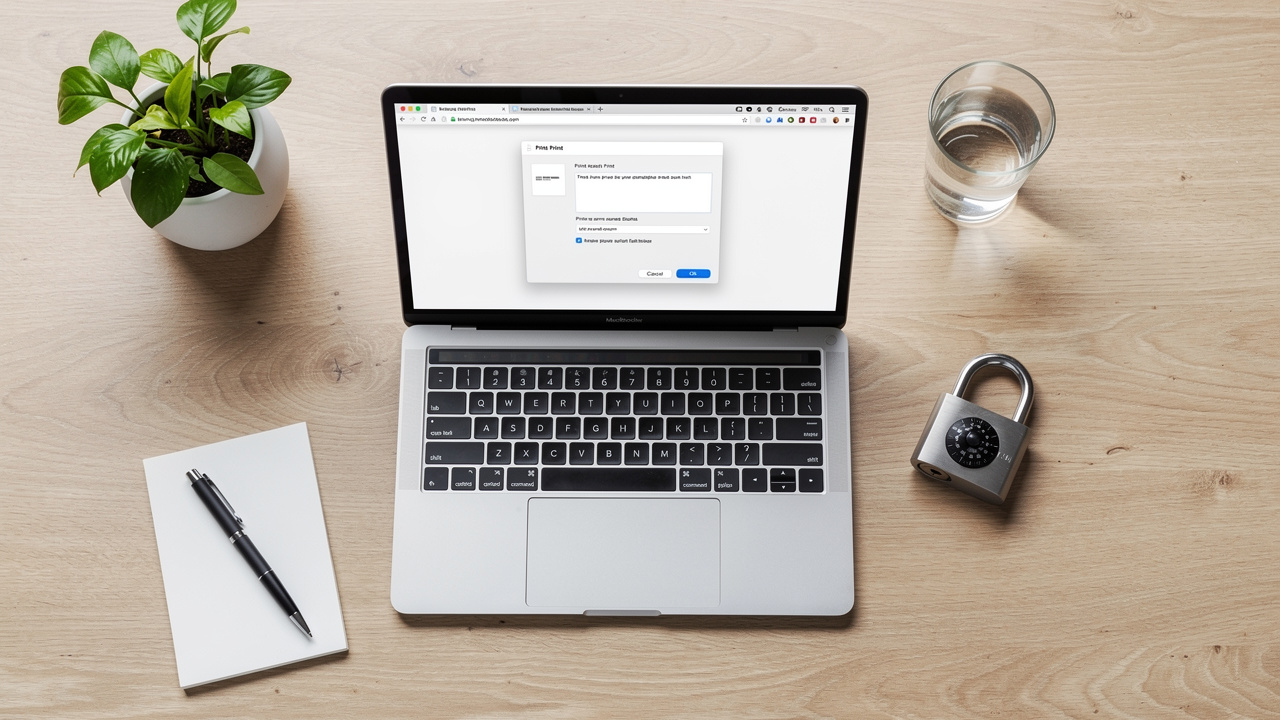Laptop with secure document conversion and padlock on desk
