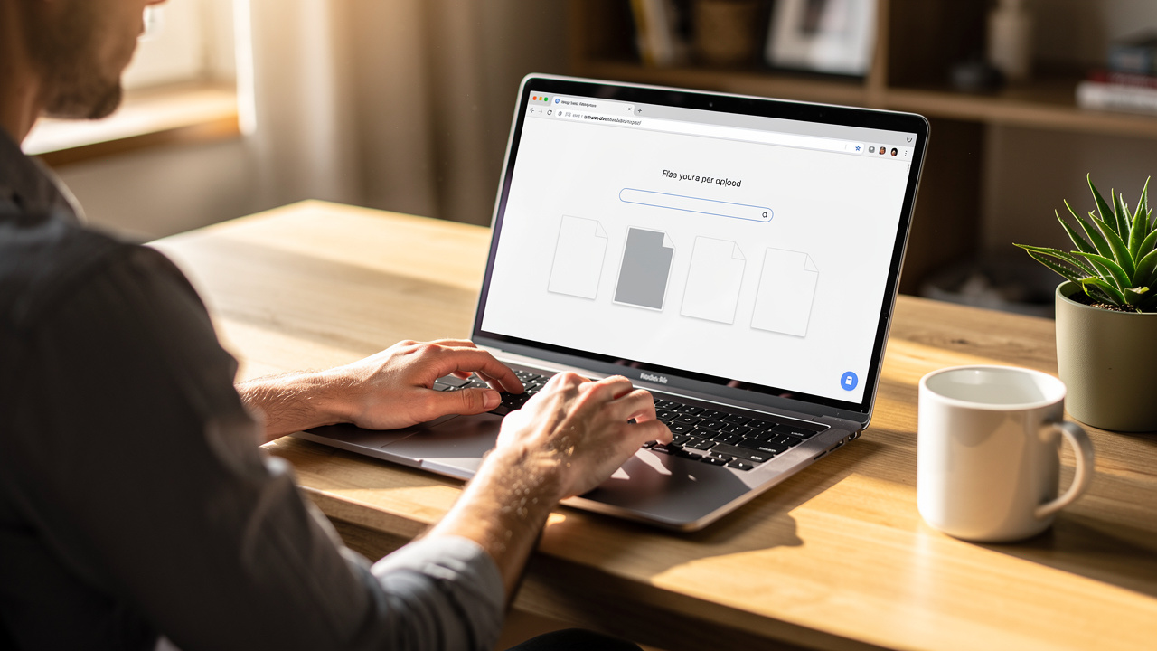 Person using a laptop to merge PDF files online