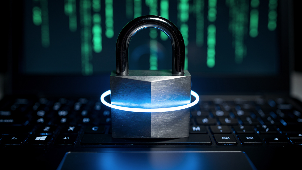 Steel padlock on laptop keyboard symbolizing online file security