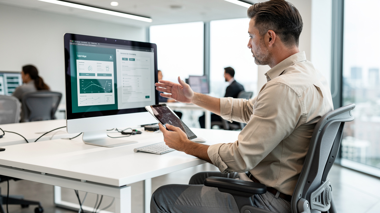 Office worker comparing online and desktop PDF editor options