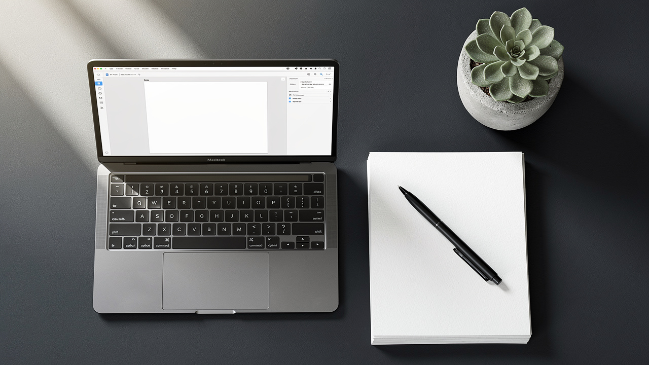 Overhead view of a professional workspace with PDF editing tools