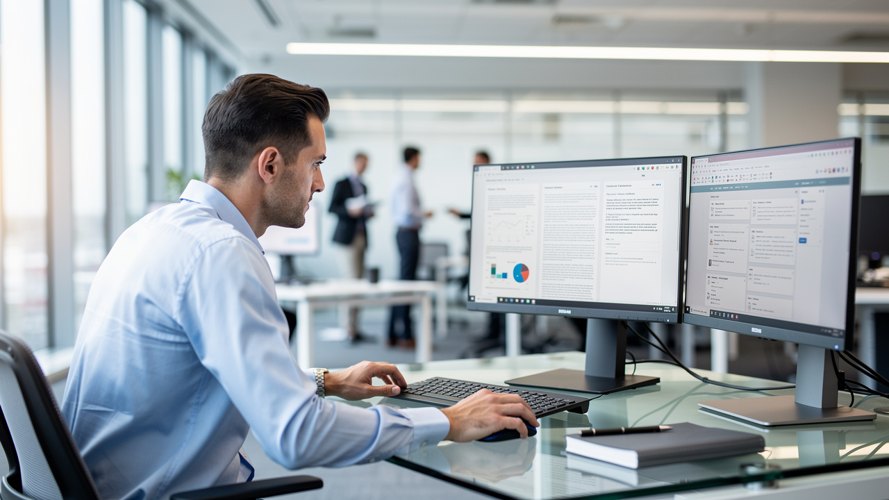 Office professional reviewing a converted PDF document on monitor