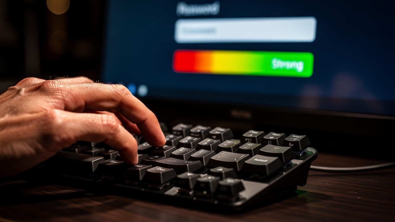 Typing a strong password with a green strength indicator on screen