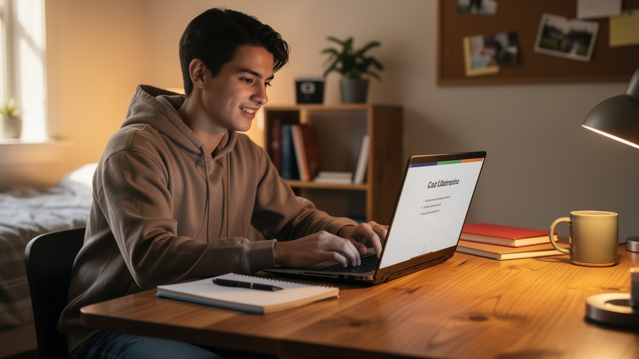 Student using laptop to convert PDF into presentation slides