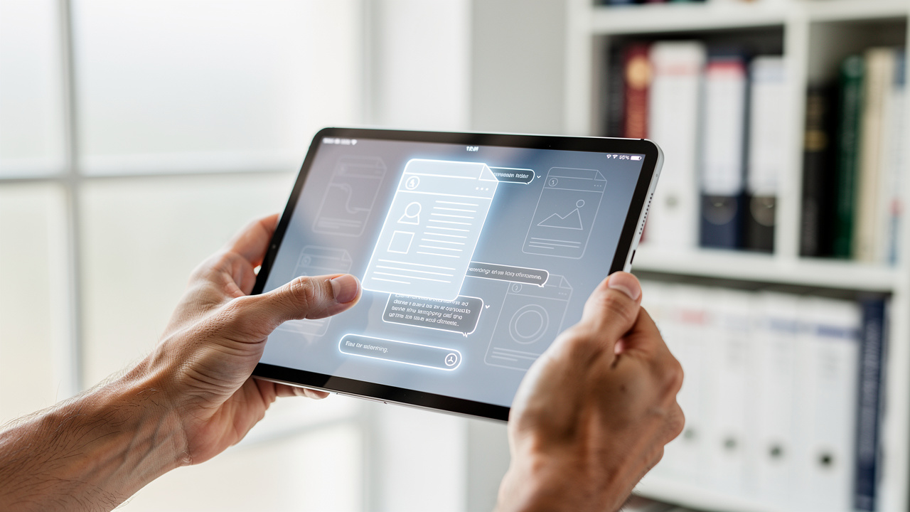 Hands holding tablet with AI document chat interface open