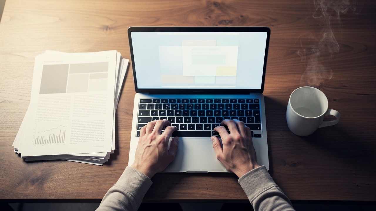 Person using AI PDF reader on laptop at organized desk