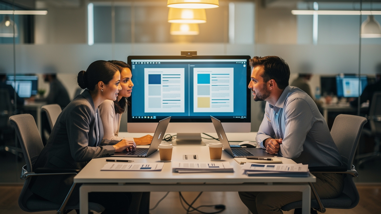 Team collaborating on PDF document review in modern office