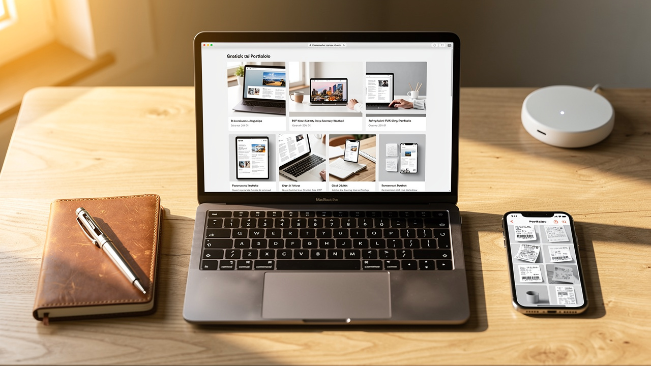Freelancer creating PDF portfolio from JPG mockups on MacBook