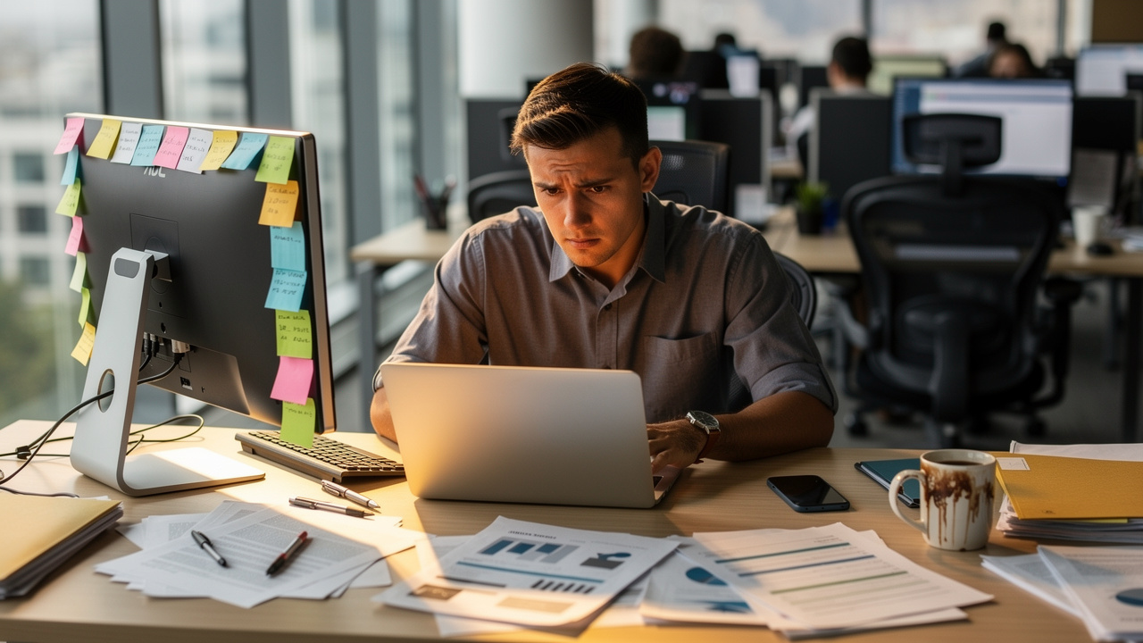 Frustrated office worker overwhelmed by expensive software subscriptions and complex menus