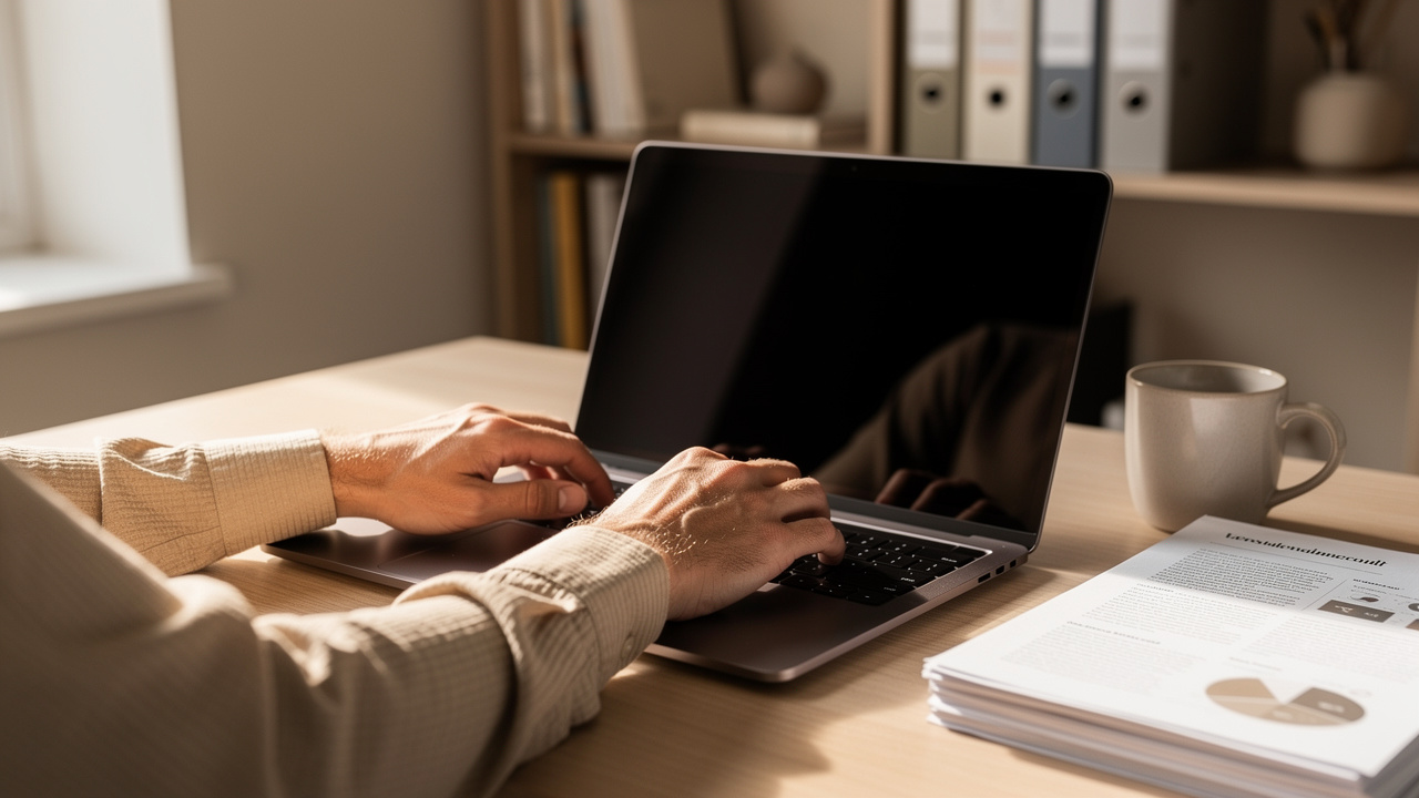 Hands typing on laptop with stacked PDF reports nearby