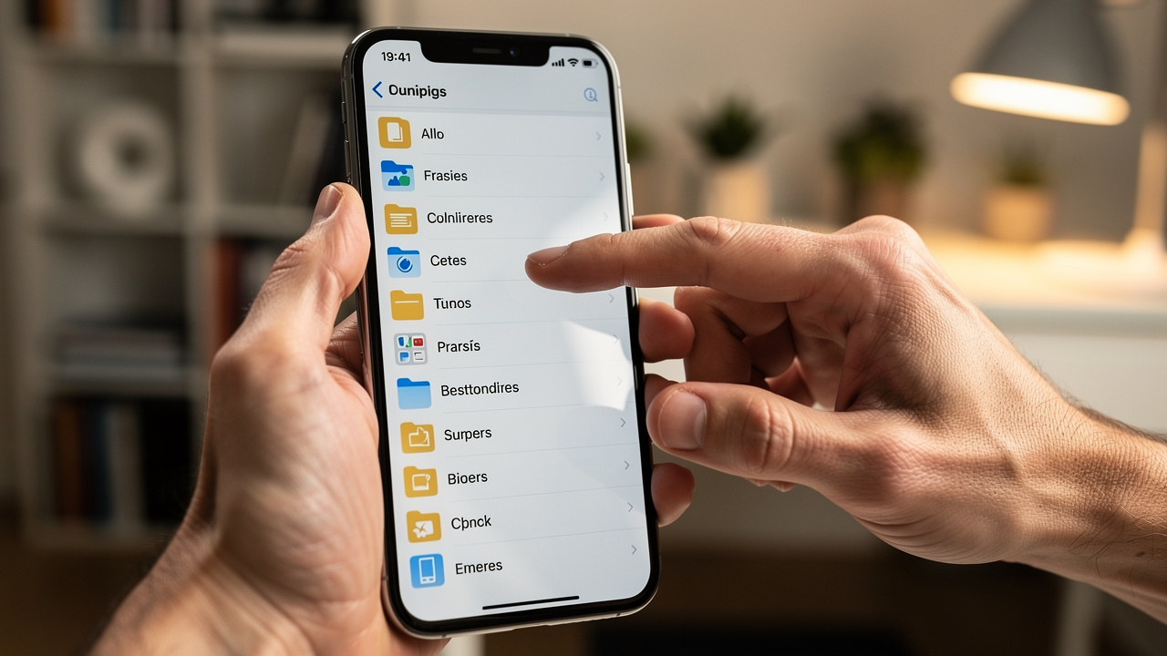 Hand using iPhone Files app to compress PDF file