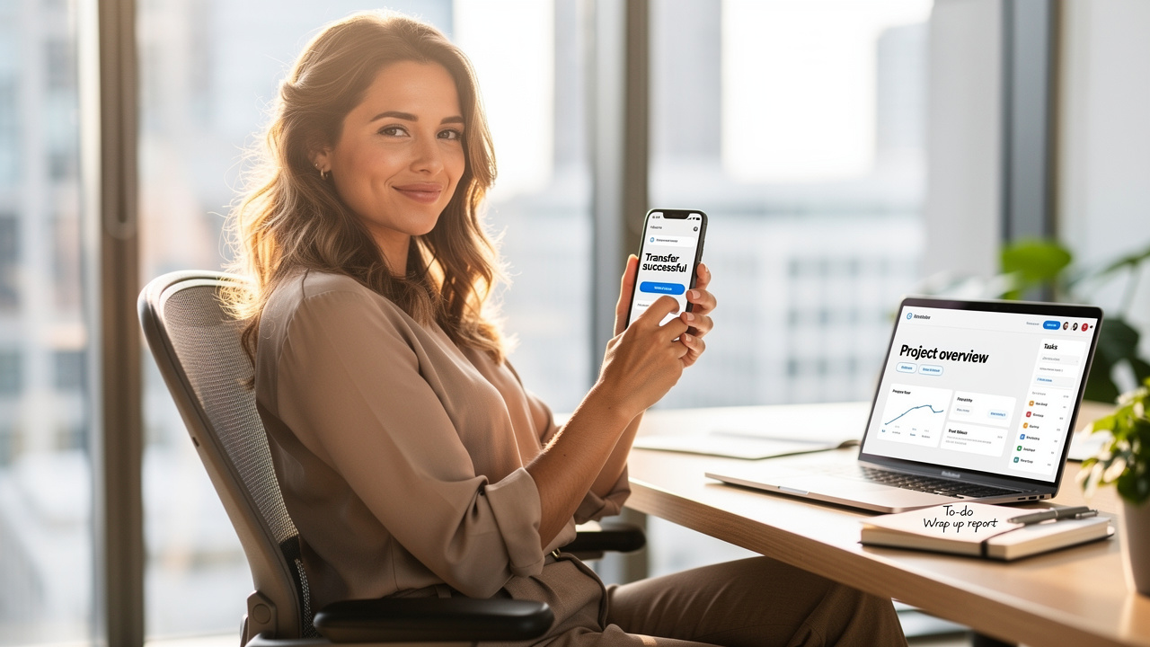 Professional woman successfully sharing compressed PDF from iPhone
