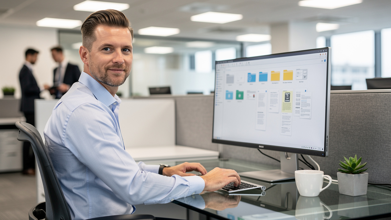 Office professional managing PDF files on a desktop computer