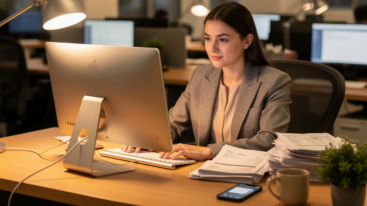Office professional organizing scanned invoices into PDF