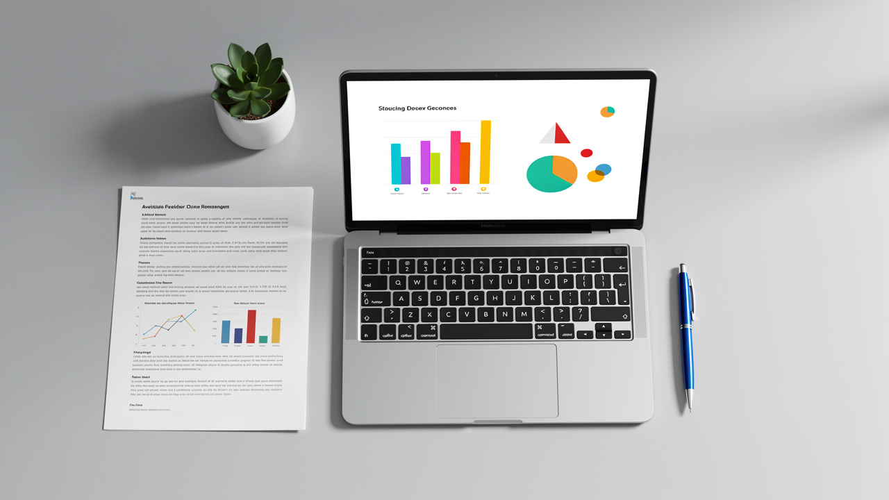 Laptop with PowerPoint slides and printed documents flat lay