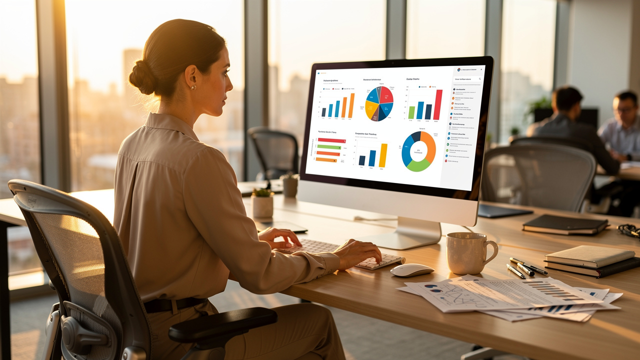 Professional woman editing PowerPoint slides in bright office