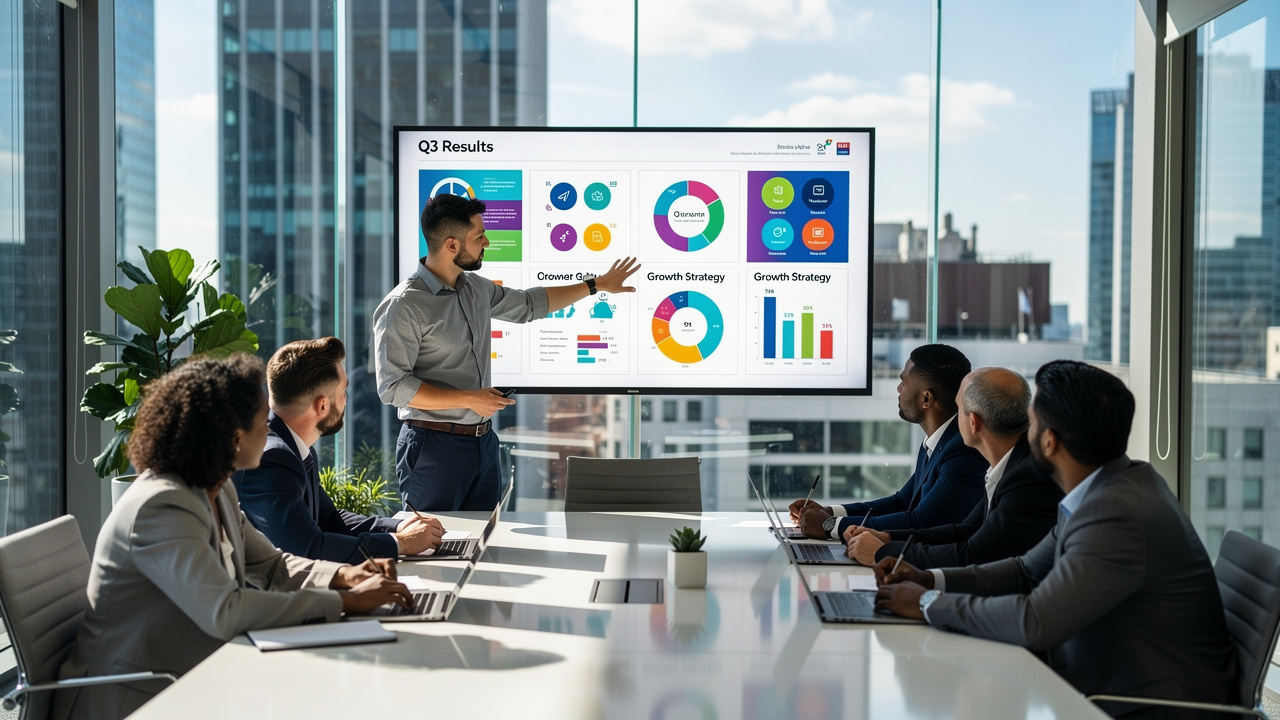 Professional presenting converted slides to team in conference room