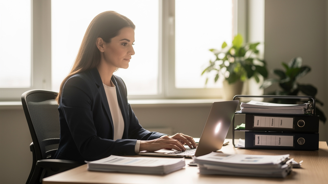 Professional woman reviewing PDF documents on laptop