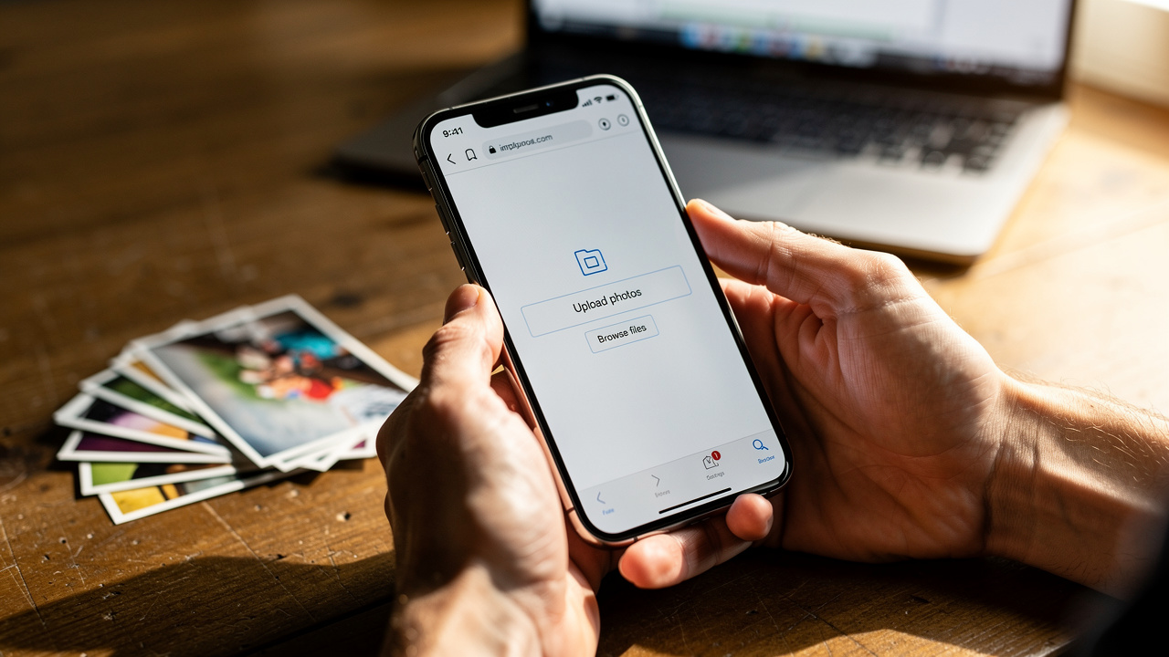 Person uploading JPG photos on smartphone browser