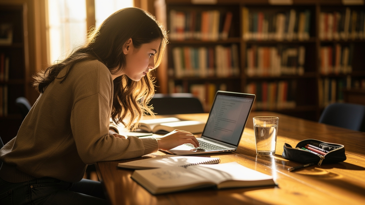 Student using AI PDF tool to study in university library