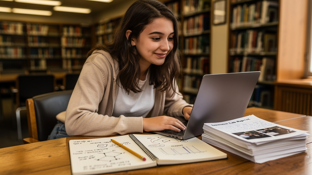 Student converting lab photos to PDF at library