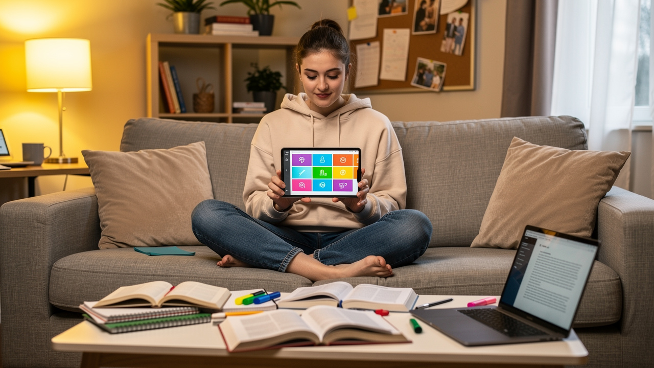 College student reviewing PowerPoint presentation on tablet