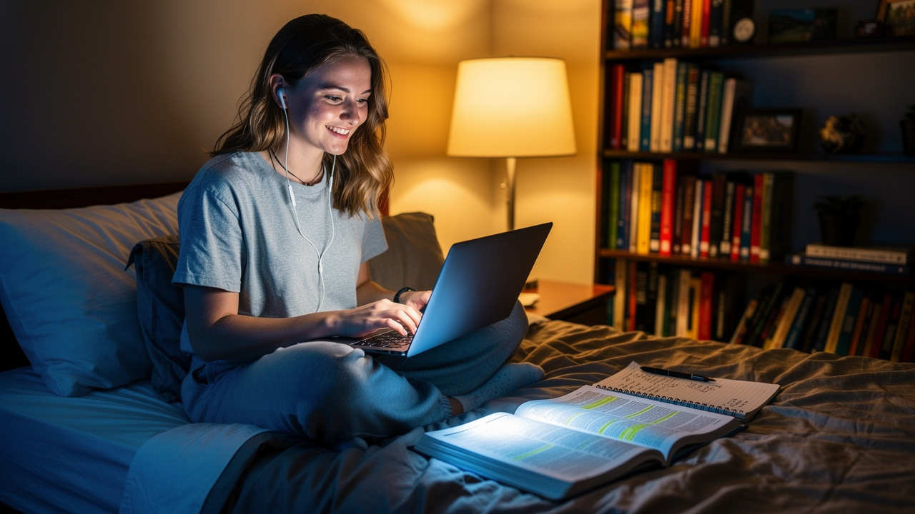 College student using a free online PDF tool on a laptop in a dorm room